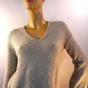 Loft Sequin Double V Neck Sweater Women Size Small Taupe Sand Color New Tags